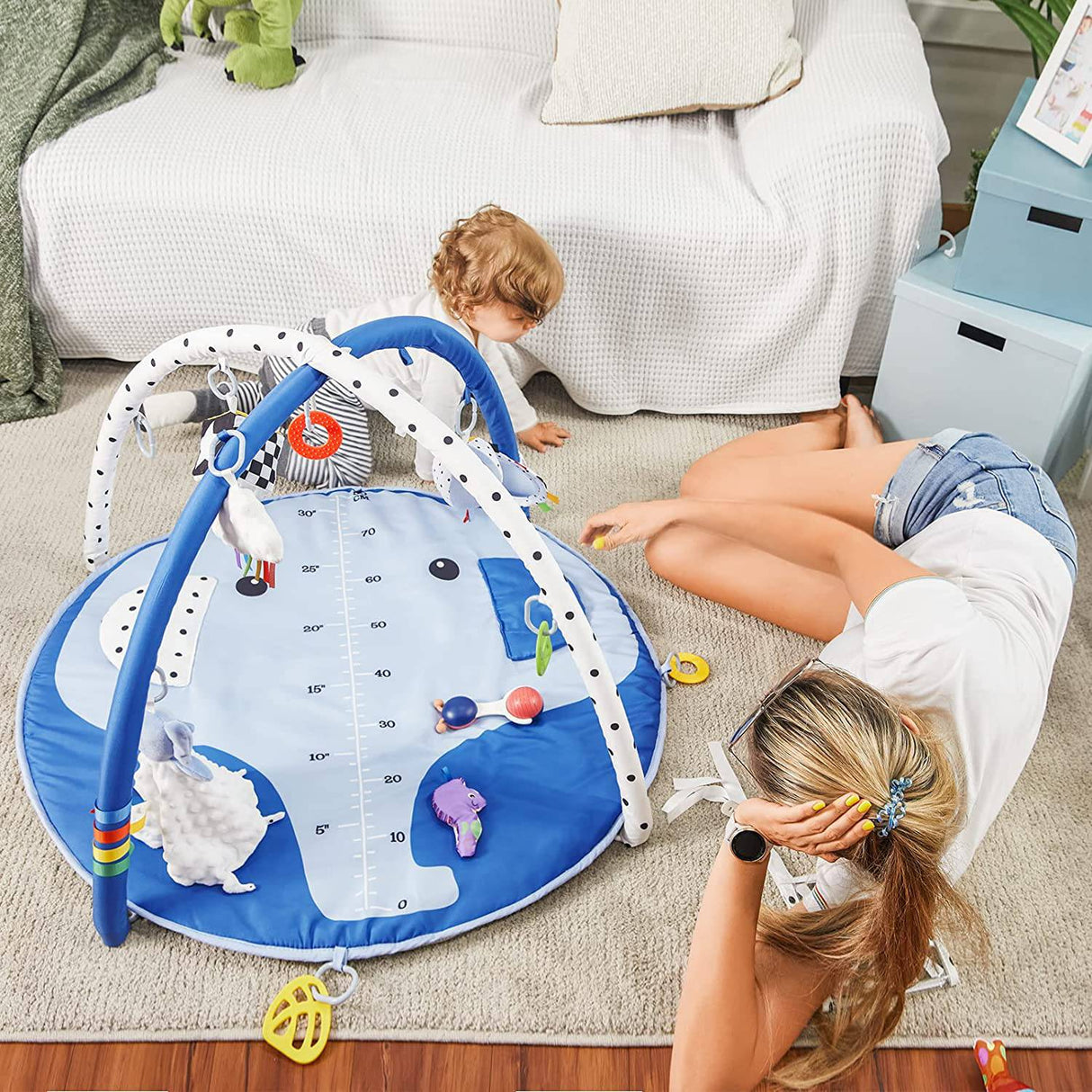 SYNPOS Baby Gym Play Mat, Baby Play Mat con 10 juguetes para el desarrollo de habilidades sensoriales y motoras, Baby Gym Activity Mat con manta de seguridad de elefante, Rainbow Play Mat - DIGVICE MX