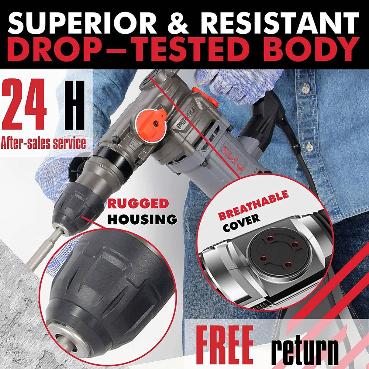 Taladro percutor con cable PTS 1”26 mm 10 Amp 110 V Martillo perforador combinado | Hoja de datos de seguridad más | 3 modos | 2 cepillos, llave de aceite, grasa, 3 taladros, 2 cinceles y estuche - DIGVICE MX