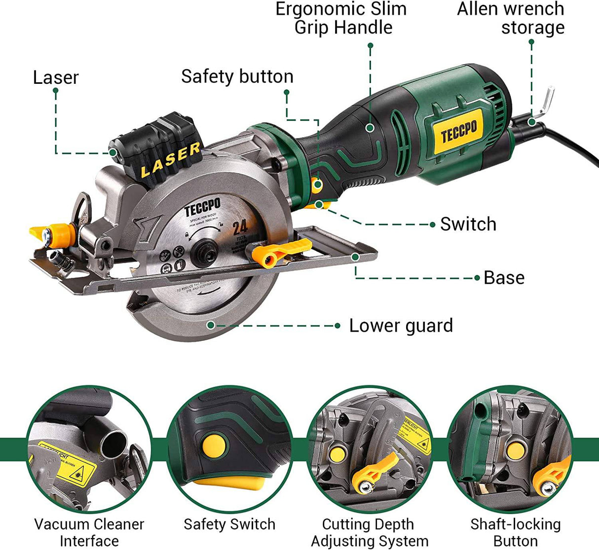 Minisierra circular, sierra circular TECCPO 5.8A con guía láser, motor de cobre fino, profundidad máxima de corte 1-11/16'' (90°), 1-1/8" (45°), 3 hojas para madera, metal blando , cortes de azulejos - TPMS115A - DIGVICE MX
