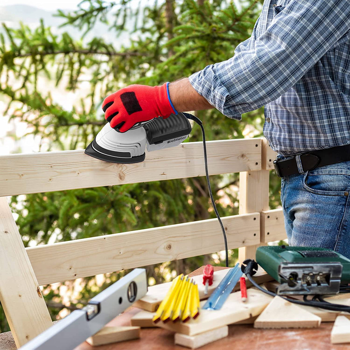 Lijadora de detalles Bielmeier, lijadora de palma con 12 papeles de lija y caja de polvo, lijadora eléctrica con cable de 6 pies 14,000 OPM para carpintería - DIGVICE MX