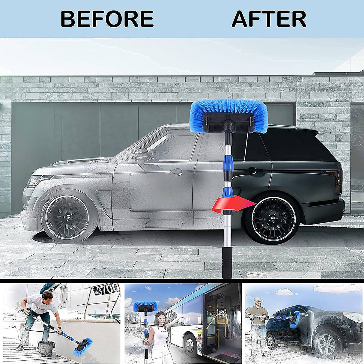 Zolker 5-12 pies (alcance de 20 pies) flujo a través del cepillo de lavado de autos, mango largo
