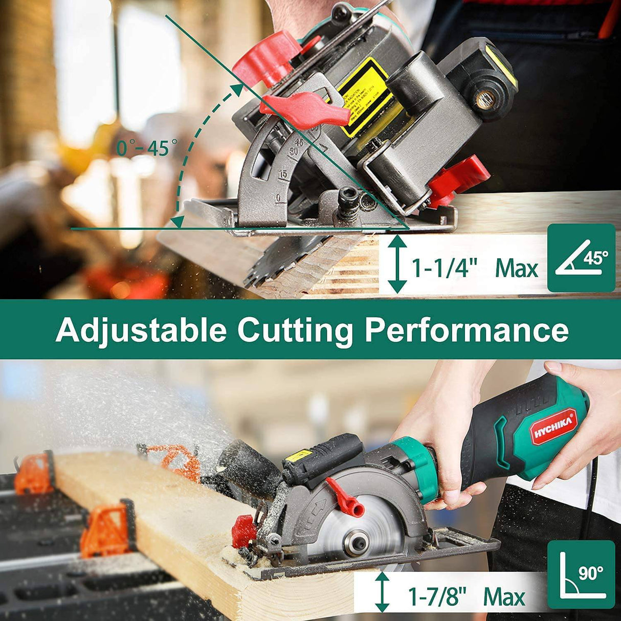 Sierra circular, minisierra circular eléctrica HYCHIKA 6.2A, guía láser, 6 hojas (4-1/2"), profundidad máxima de corte 1-11/16'' (90°), mango de goma, cable de 10 pies, ideal para madera Cortes de plástico de azulejos de metal blando - DIGVICE MX