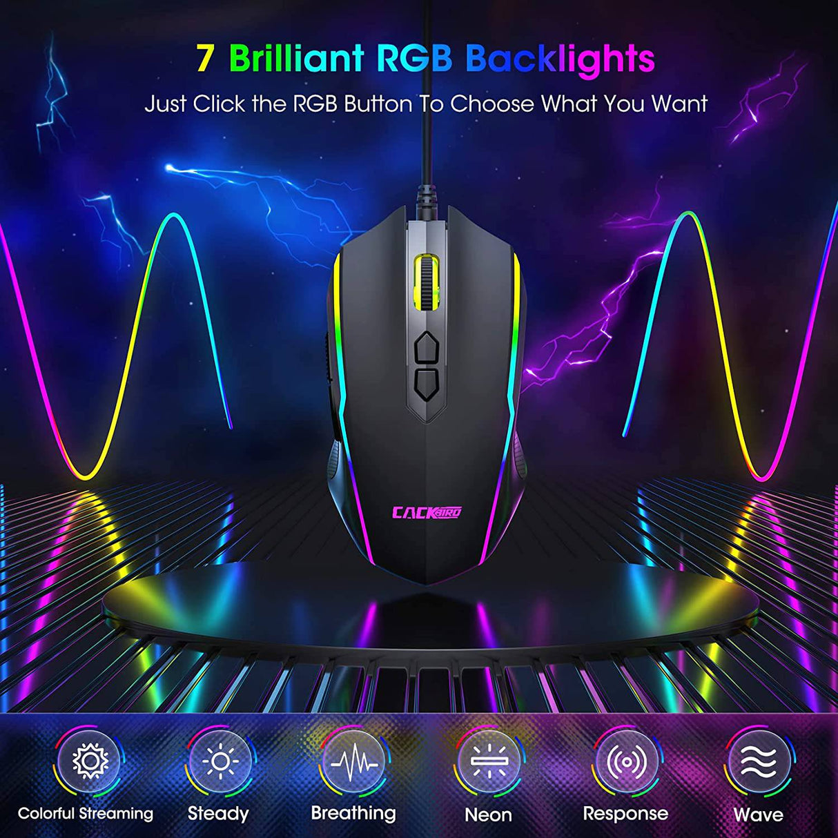 Cackbird Ratón para juegos RGB con cable, ratón para juegos de PC con 8 botones programables, retroiluminación Chroma RGB, 7200 DPI ajustable, empuñaduras laterales de goma, memoria integrada, ratón ergonómico USB