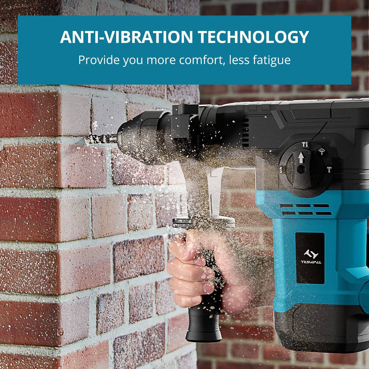 Taladro percutor Tilswall SDS-Plus de 1500 W, 4 funciones y mango de agarre suave ajustable con control de vibración, rompedor de hormigón, incluye 3 brocas, punta y cincel plano con estuche - DIGVICE MX