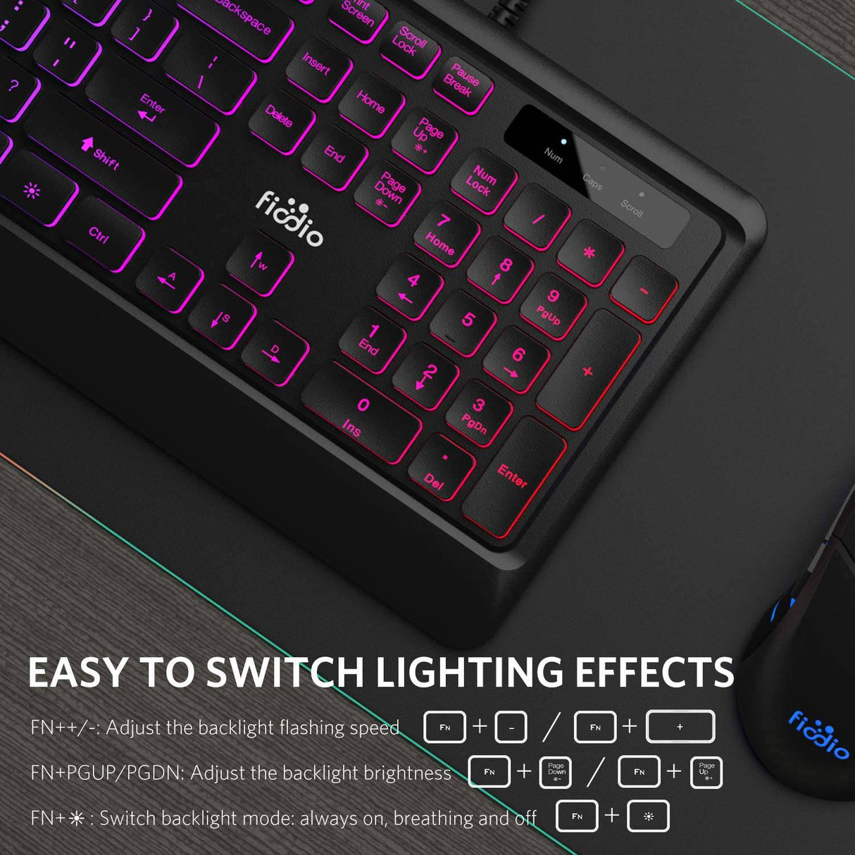 Fiodio Rainbow Membrane Gaming Keyboard, Silent Wired Computer Keyboard, 104 Silent Keys, 26 Anti-Ghosting Keys, Resistente a derrames, Control multimedia para PC y escritorio