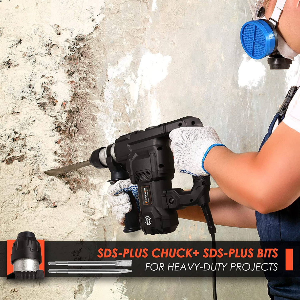THINKWORK SDS-Plus - Taladro de martillo giratorio resistente de 12,5 amperios, 4350 BPM, 7j, martillo de demolición de 1-1/4 pulgadas con 4 funciones, doble aislamiento, sistema de amortiguación, embrague de seguridad, para hormigón, metal y piedra - DIGVICE MX