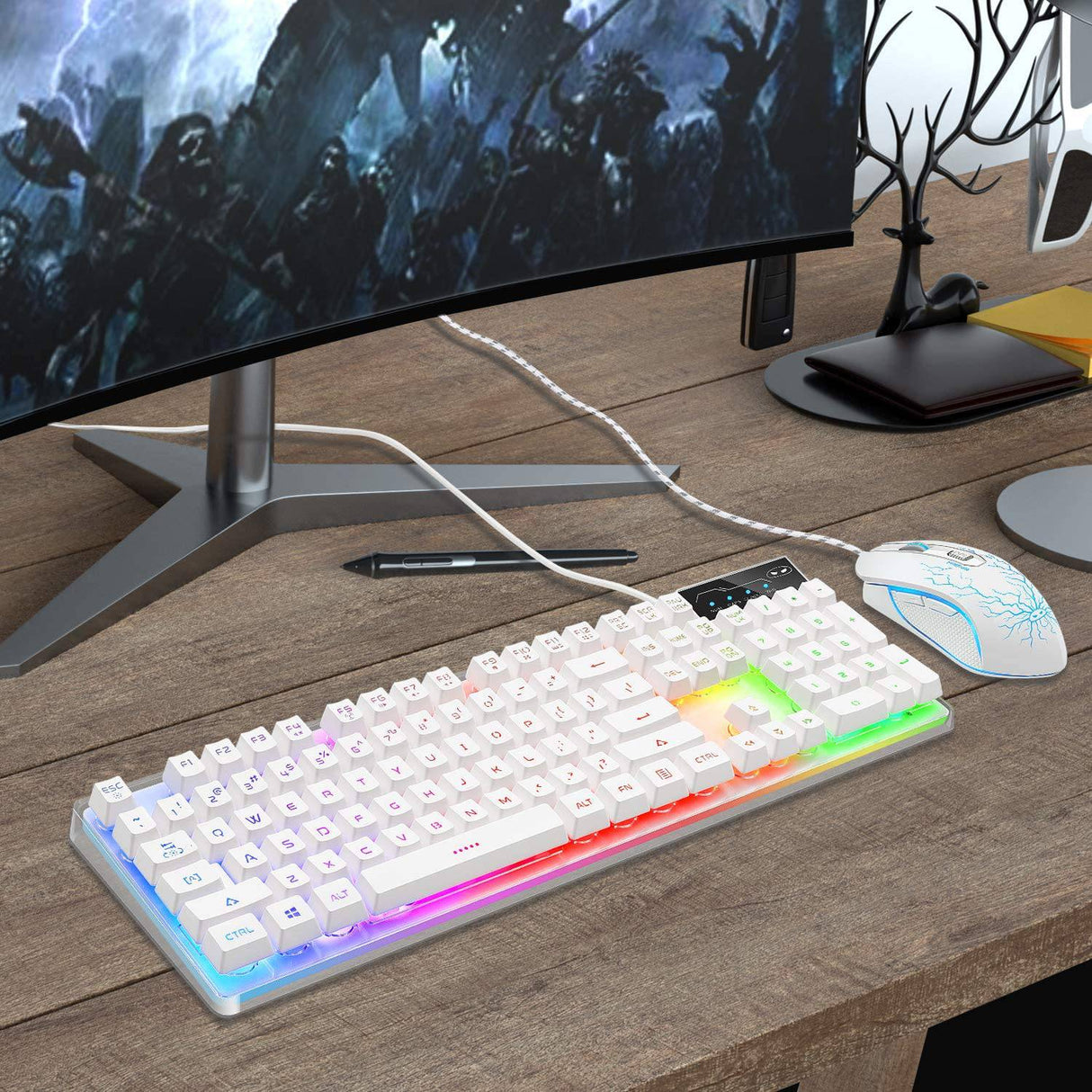 MageGee - Combo de teclado y mouse para juegos, teclado retroiluminado con arco iris LED K1 con 104 teclas Teclado para juegos de computadora PC para PC / computadora portátil (blanco)