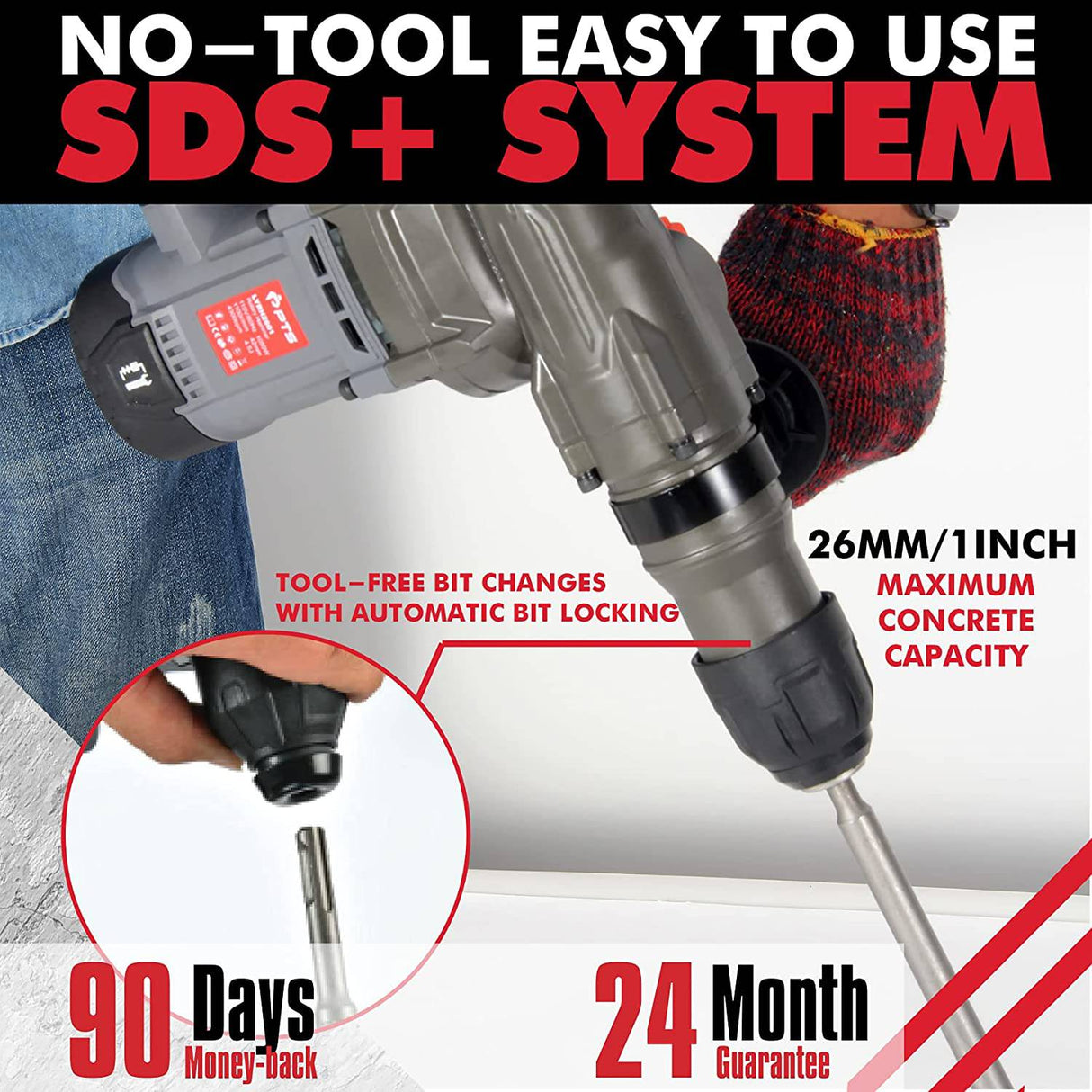 Taladro percutor con cable PTS 1”26 mm 10 Amp 110 V Martillo perforador combinado | Hoja de datos de seguridad más | 3 modos | 2 cepillos, llave de aceite, grasa, 3 taladros, 2 cinceles y estuche - DIGVICE MX