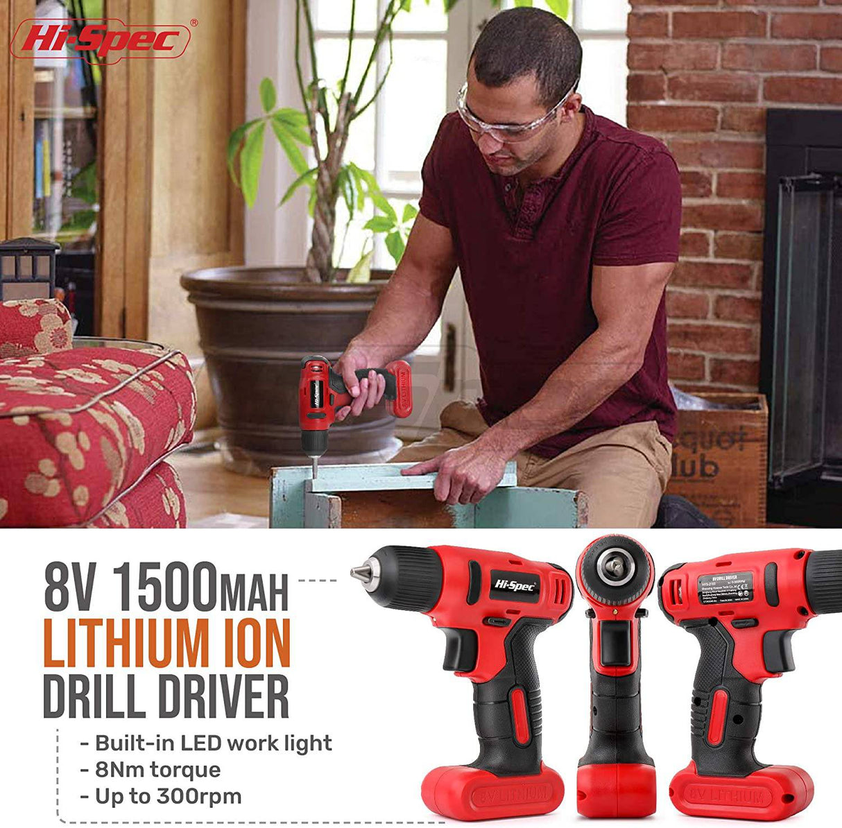 Kit Hi-Spec de 58 piezas con destornillador eléctrico de 8 V Power Drill y kit de herramientas de trabajo manual, color rojo Ligero, inalámbrico y recargable Juego completo en caja de herramientas de mano - DIGVICE MX
