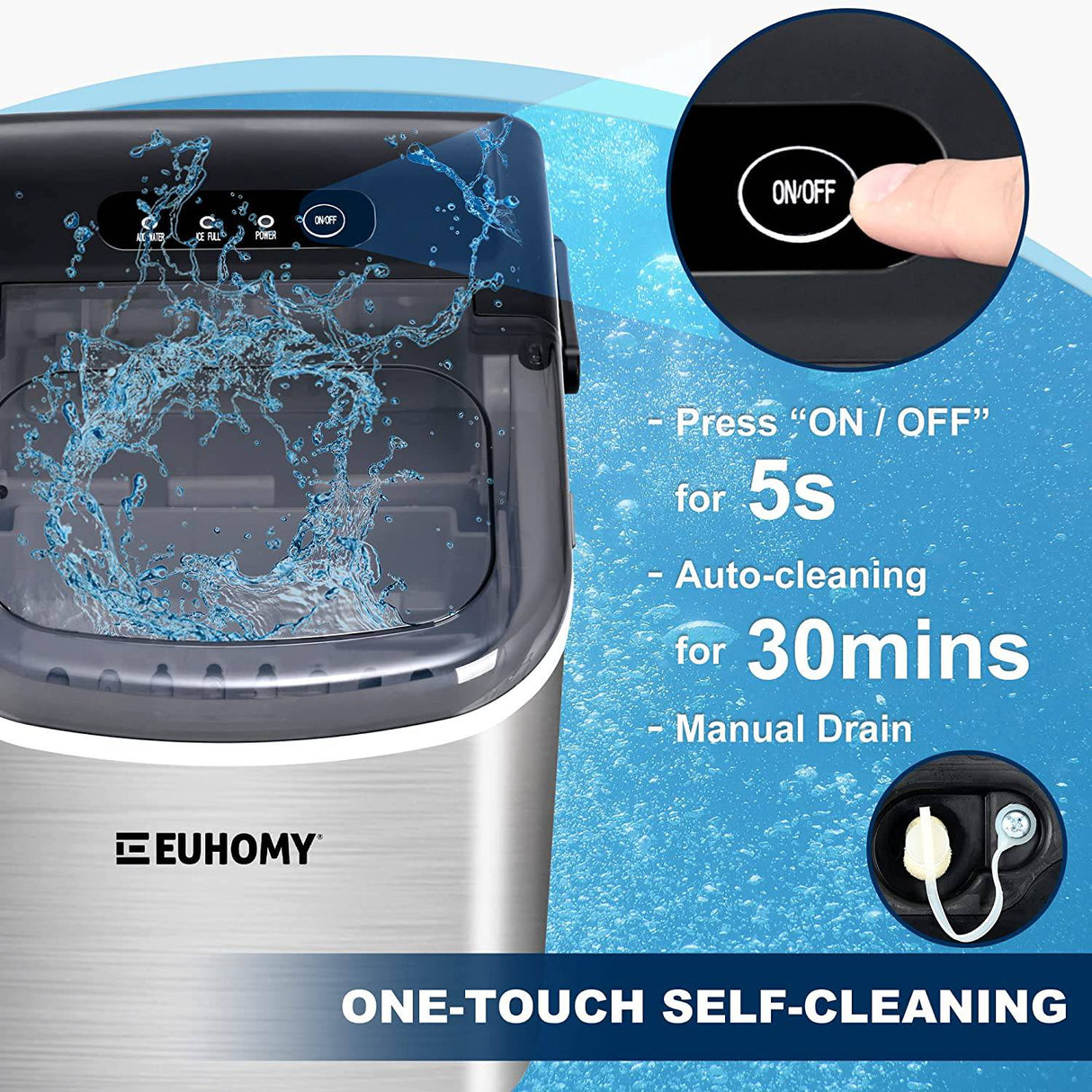 EUHOMY - Máquina para hacer hielo con asa, 26 lb/24 horas, 9 cubitos de hielo tipo bala listos en 6 minutos, limpieza automática, portátil con cesta y pala - DIGVICE MX