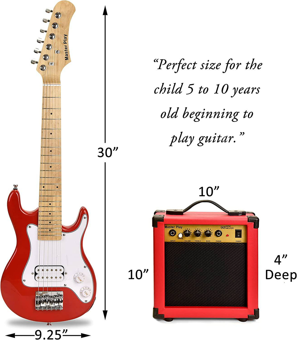 Master Play - Guitarra eléctrica de 30 pulgadas, para niños/principiantes con kit de inicio completo, amplificador de 20 vatios, 6 cuerdas adicionales, púas, bolsa de concierto, correa para el hombro, sintonizador digital, cable, paño de lavado