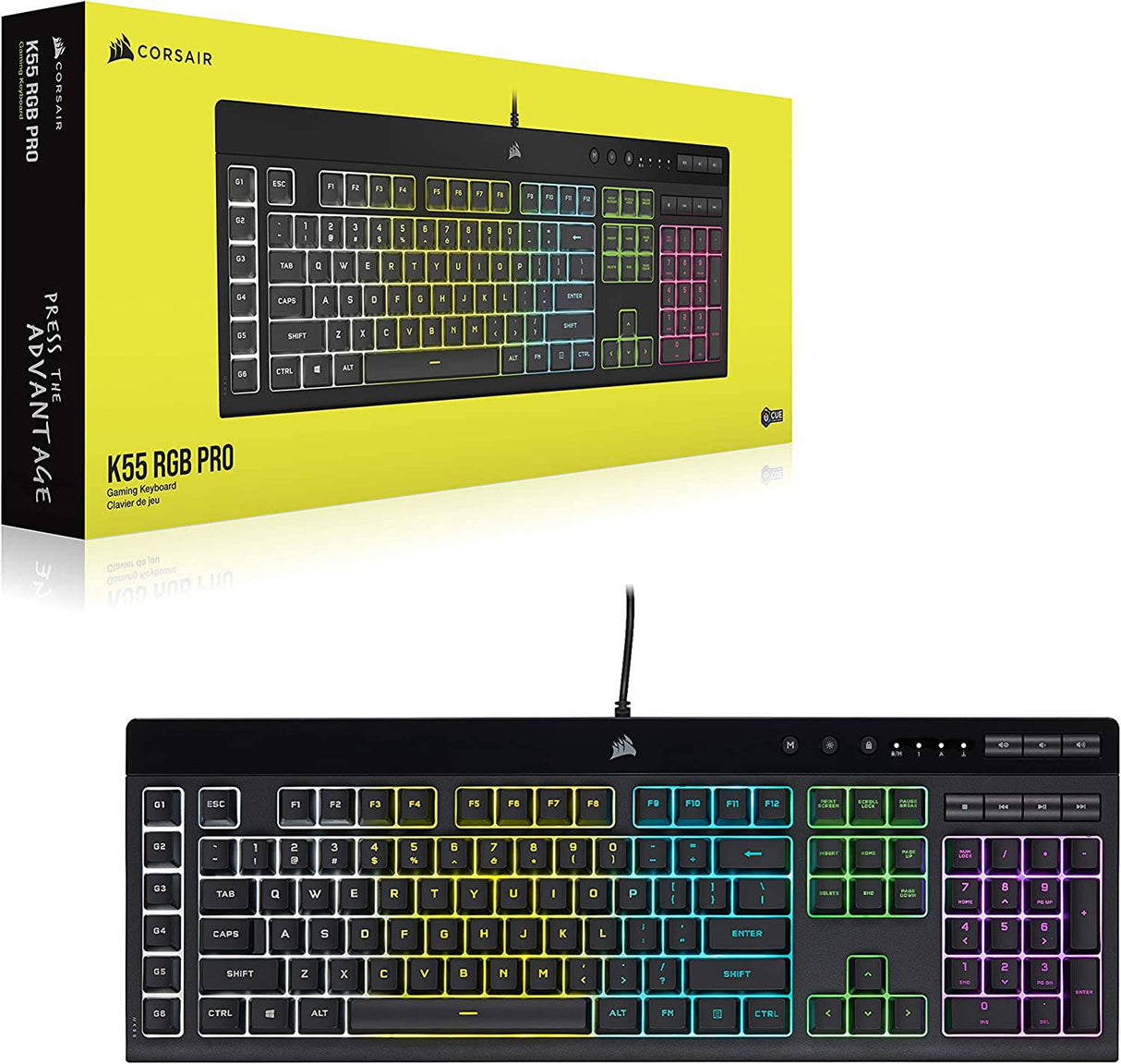 CORSAIR K55 RGB PRO-Dynamic RGB Retroiluminación - Seis teclas macro con integración de software Elgato Stream Deck - IP42 resistente al polvo y derrames - Reposamanos desmontable - Teclas de volumen y medios dedicados, negro
