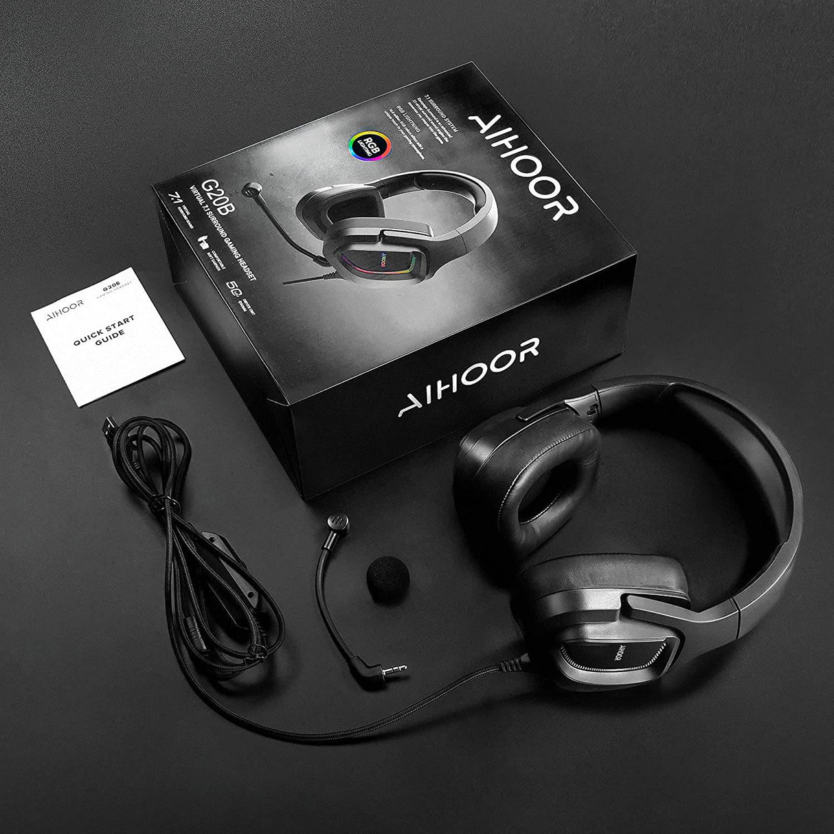 AIHOOR Auriculares para juegos con cable con sonido envolvente 7.1, micrófono desmontable, volumen en línea y control de silencio, luces LED RGB, orejeras de proteína, auriculares ligeros sobre la oreja para PC, consola PS4/PS5 (enchufe USB)