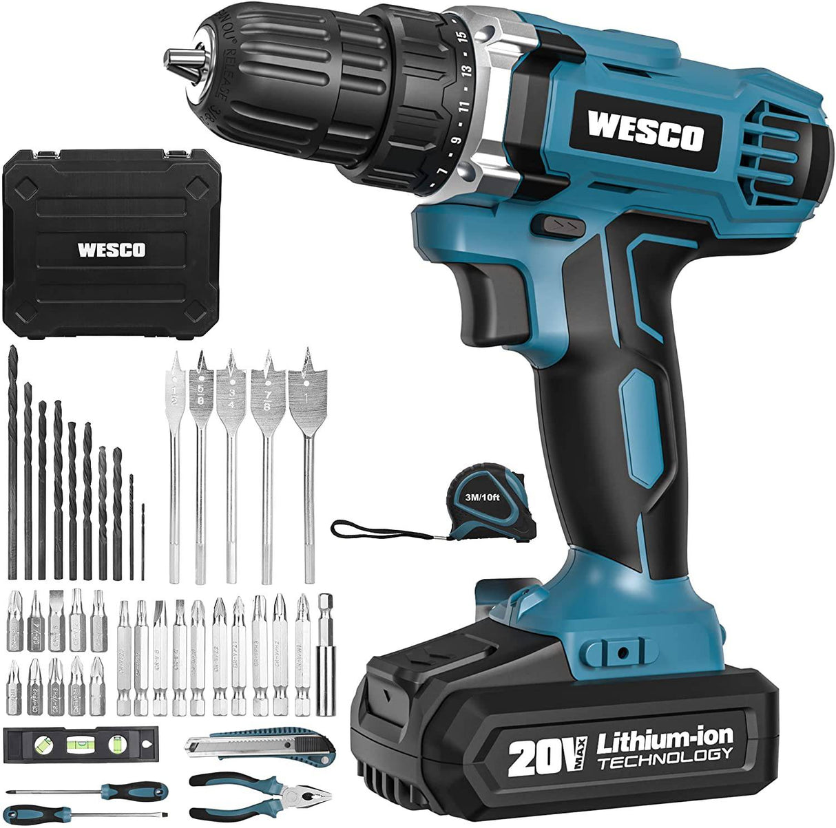 Taladro/conductor inalámbrico, juego de taladro eléctrico WESCO de 20 V con batería de iones de litio y cargador, embrague de 21+1, par de 120 In-lb, portabrocas sin llave de 3/8", luz LED y caja de almacenamiento incluida/WS2972KU - DIGVICE MX