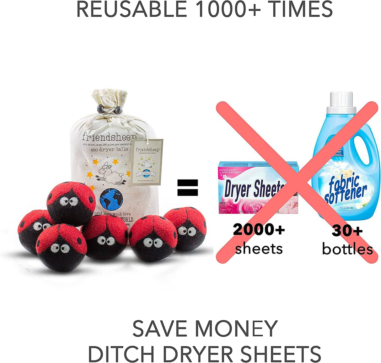 Friendsheep - Bolas para secadora de lana (6 unidades, XL, orgánicas, premium, reutilizables, sin crueldad, hechas a mano, de comercio justo, sin pelusa, suavizante de telas, mariquitas - Lavandería) - DIGVICE MX