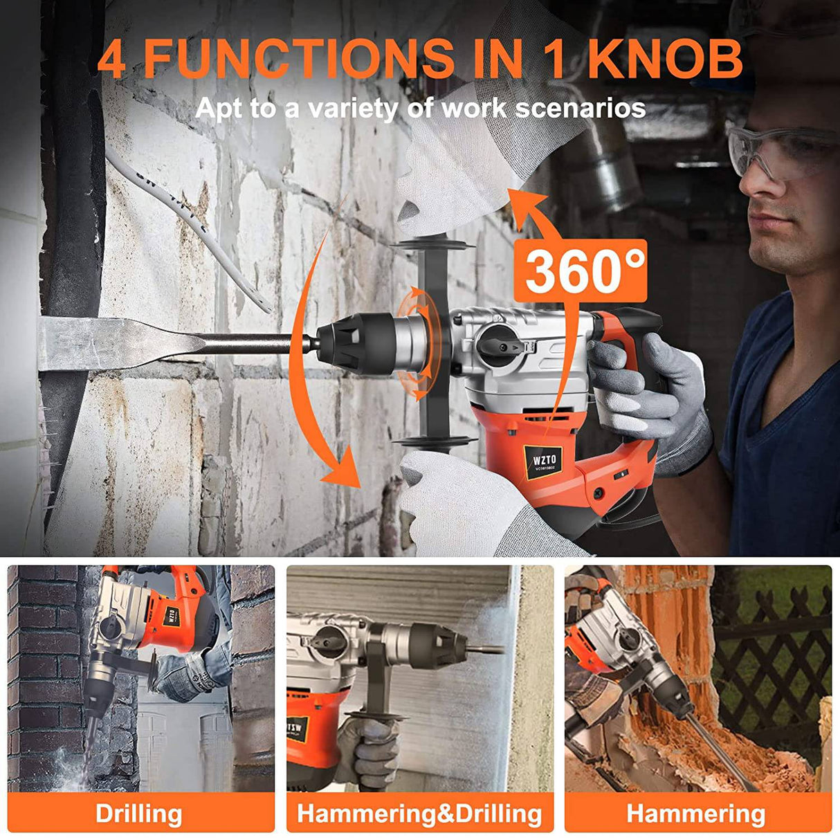 Taladro percutor giratorio de 1-1/4 pulgadas: WZTO SDS-Plus Taladro percutor de servicio pesado, embrague de seguridad 3 funciones con control de vibración, incluidos guantes, 3 brocas, cincel plano y puntiagudo y brocas con estuche - DIGVICE MX