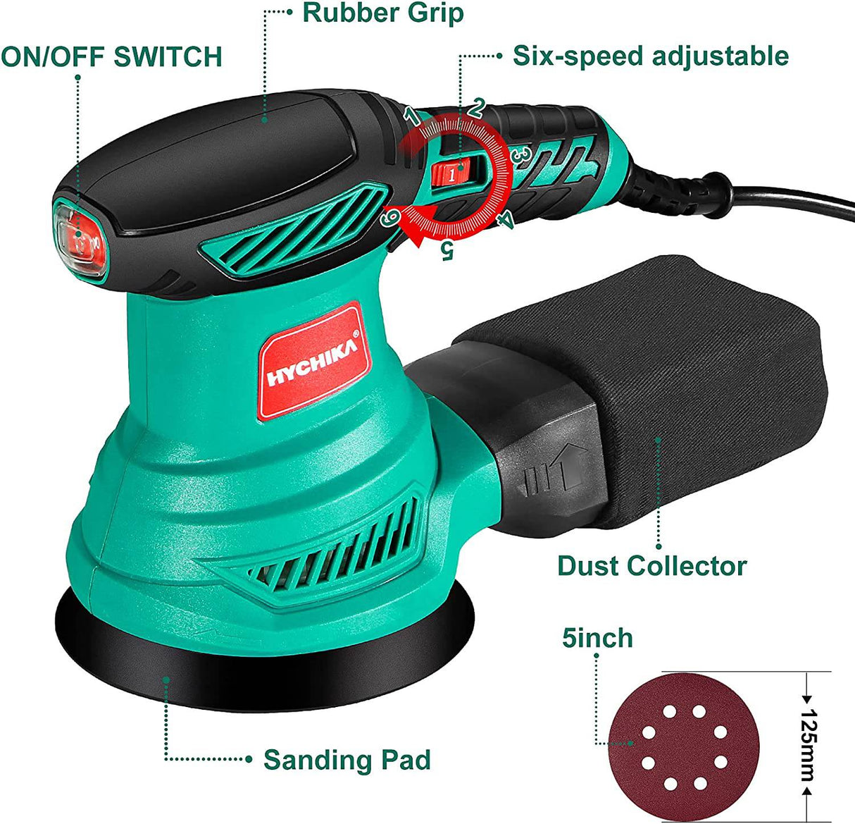 Lijadora orbital aleatoria de 2,5 amperios, lijadora orbital eléctrica HYCHIKA de 5 pulgadas con 6 velocidades diferentes, lijadora eléctrica de 13000 RPM con 12 papeles de lija, 1 bolsa para el polvo, apta para carpintería/lijado - DIGVICE MX
