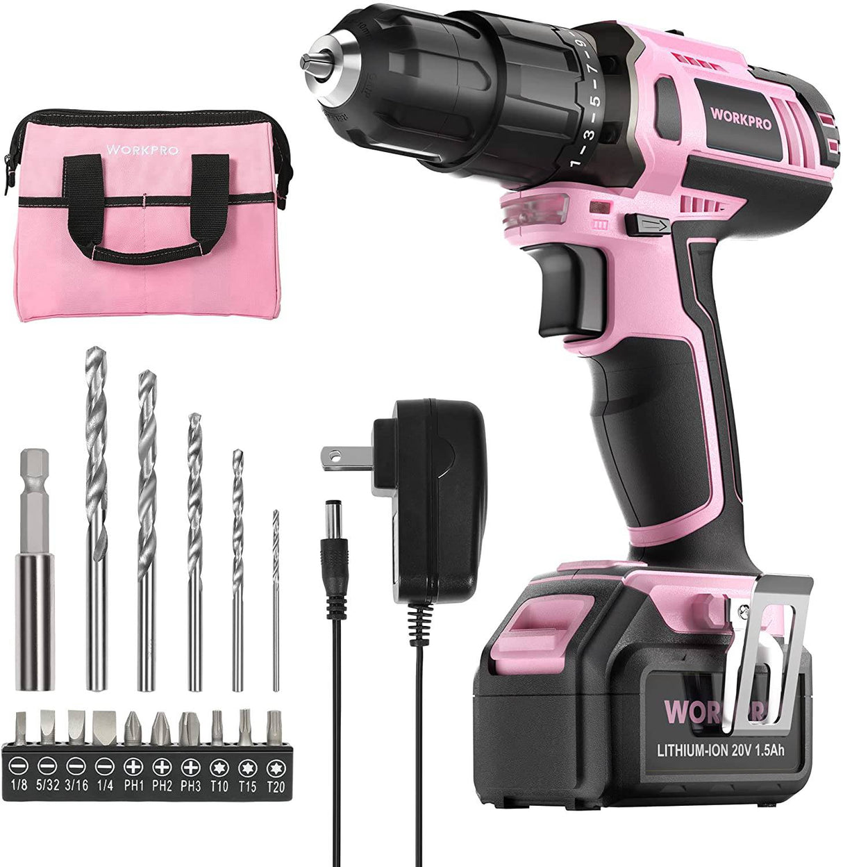 WORKPRO Pink Wireless - Juego de destornilladores de iones de litio de 20 V, 1 batería, cargador y bolsa de almacenamiento incluidos, cinta rosa - DIGVICE MX