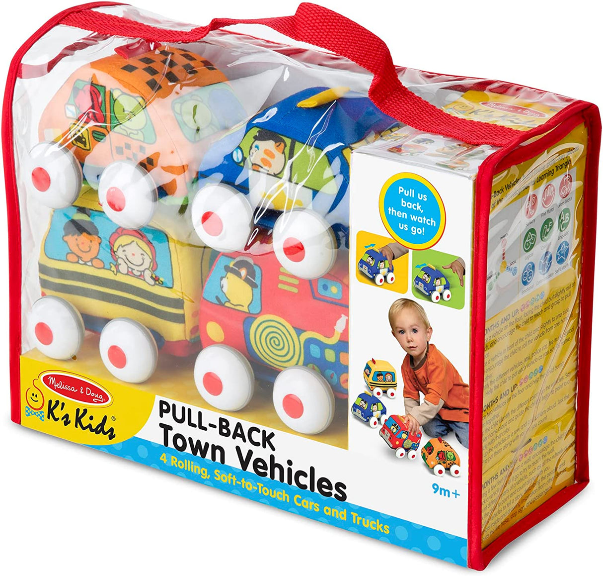 Melissa & Doug K's Kids Pull-Back Vehicle Set - Juego de juguetes suaves para bebés con 4 autos y camiones y estuche de transporte - 9168