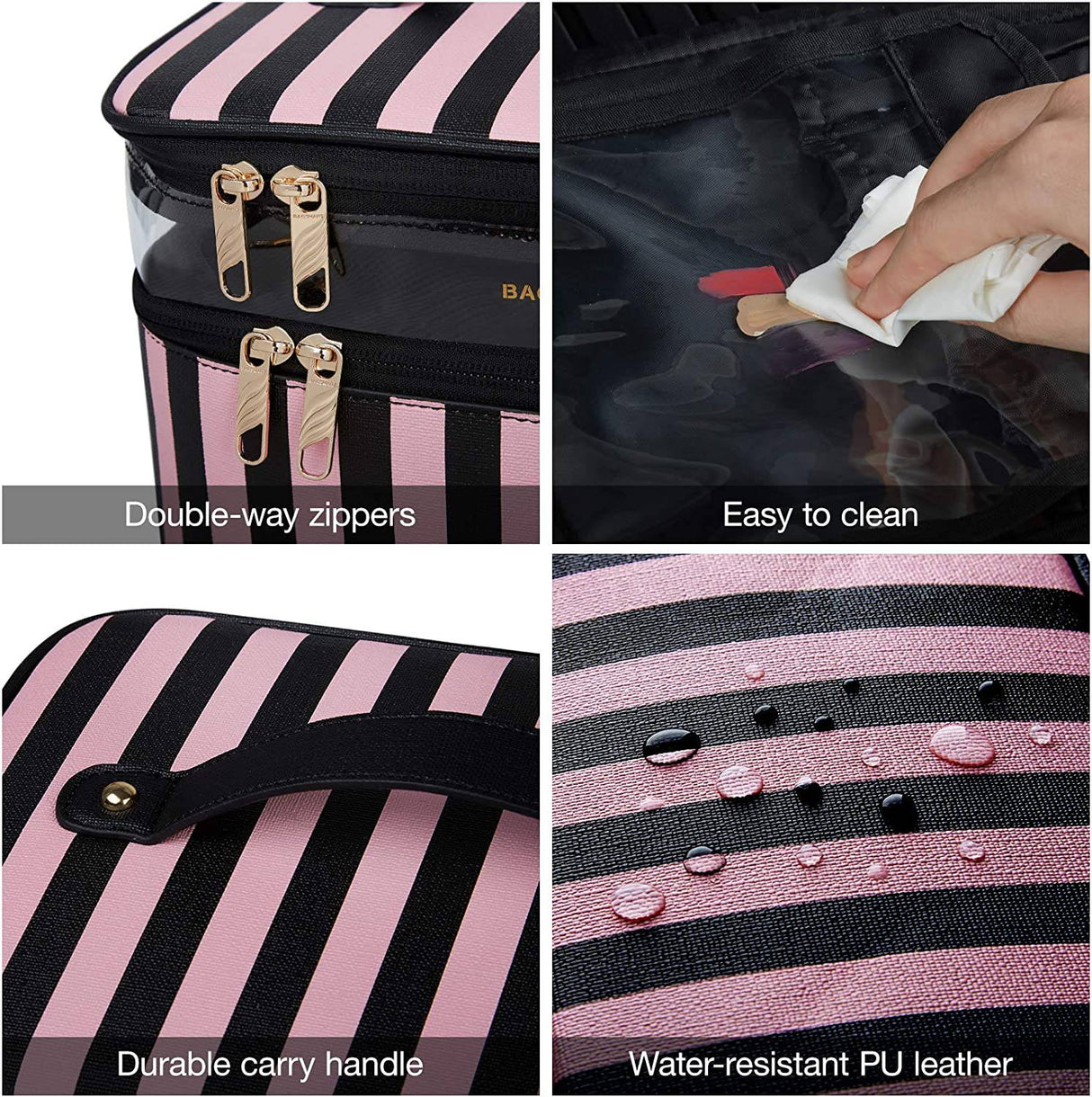 BAGSMART - Bolsa de maquillaje grande, estuche de viaje con bolsa de aseo transparente, organizador de maquillaje de doble capa con divisores ajustables, bolsa de almacenamiento portátil para artistas, rayas de cuero negro y rosa