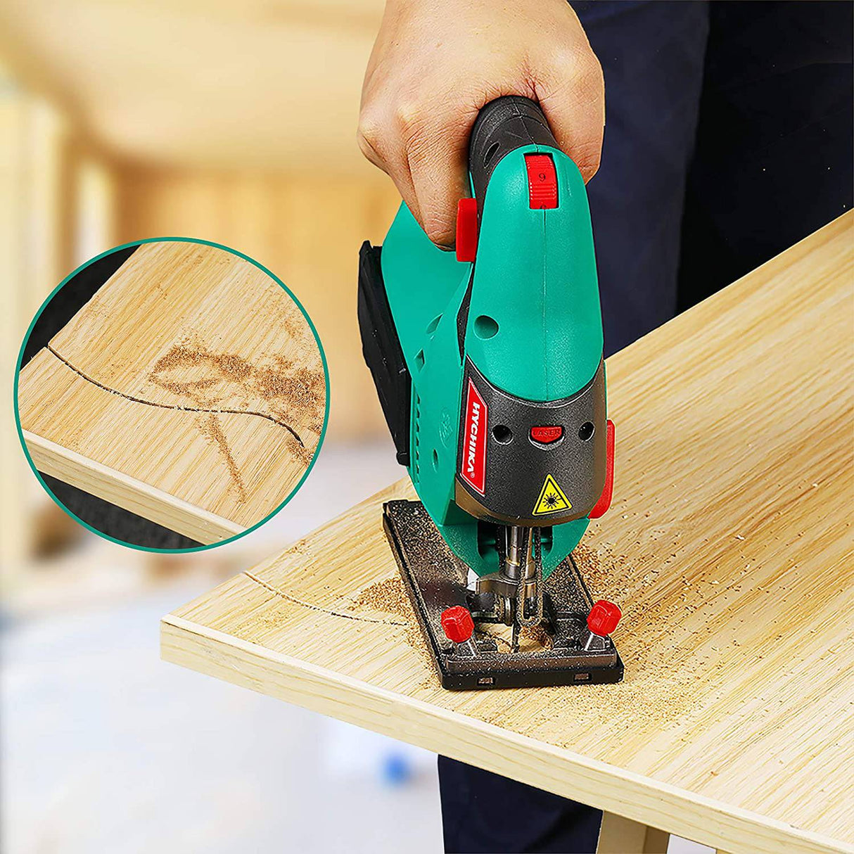 Sierra de calar, 6.7A 800W HYCHIKA Sierra de calar 800-3000SPM con 6 velocidades variables, 4 juegos orbitales, ángulo de bisel 45°, 6 cuchillas, motor de cobre puro, guía láser, estuche de transporte Madera Metal Corte de plástico - DIGVICE MX