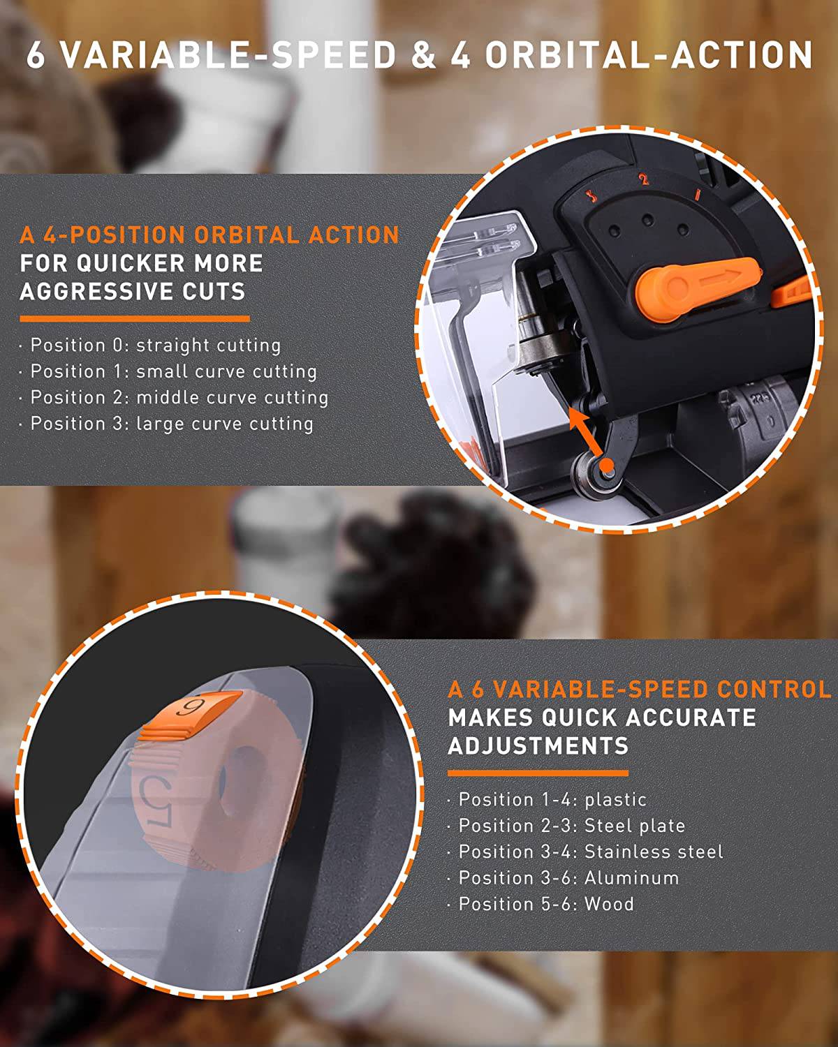 Sierra caladora ENGiNDOT de 6,7 amperios, 6 velocidades variables (800-3000 SPM) de 800 W con láser y LED, 4 juegos orbitales, 6 cuchillas, corte biselado de 45°, regla de escala, soplado de polvo para corte de madera, metal y plástico - DIGVICE MX