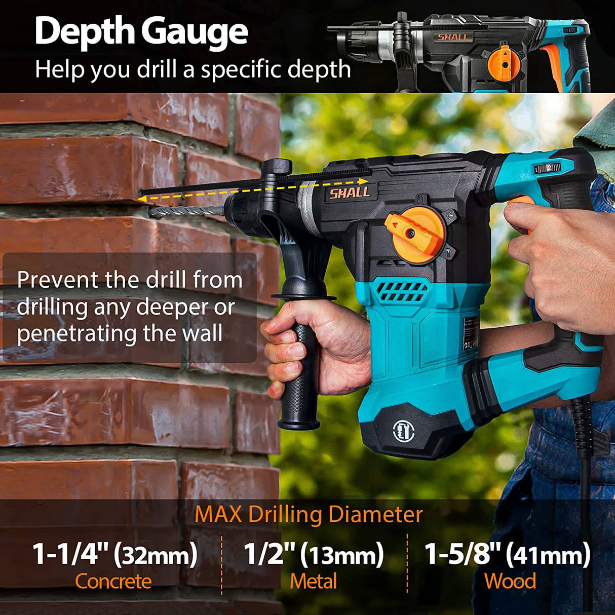SHALL Taladro de martillo rotatorio de alta resistencia SDS-Plus de 1-1/4 pulgadas, rotomartillo de 12,5 amperios, una perilla, 4 funciones con control de vibración, cincel plano, cincel de punta y 3 brocas incluidas, 950 RPM - DIGVICE MX