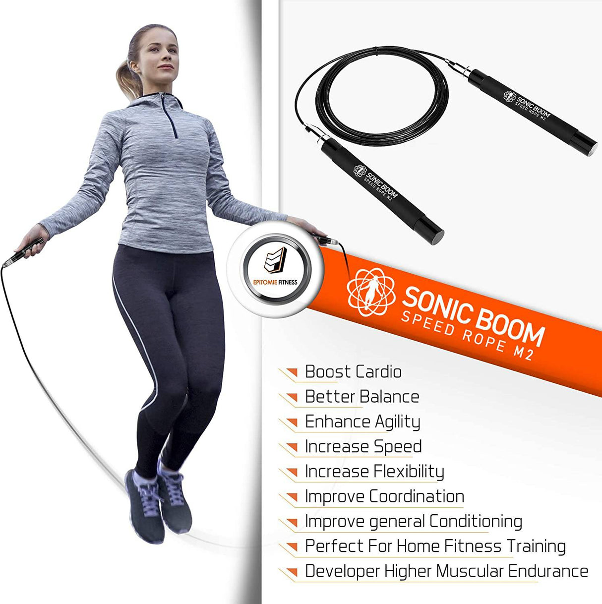 Epitomie Fitness Sonic Boom M2 Cuerda para saltar de alta velocidad - Patente pendiente Autoblocante, diseño sin tornillos - Pesado, giro de 360 grados, empuñadura de silicona con 2 cables de cuerda de velocidad para entrenamiento en el hogar y más