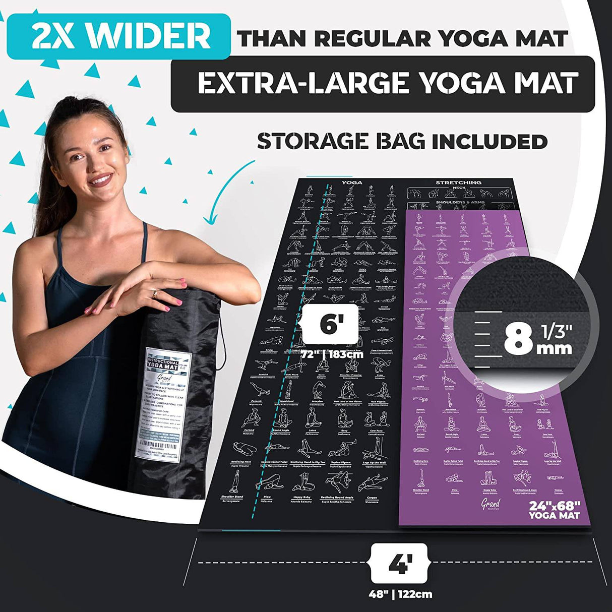 GRAND BASICS - Tapete de yoga instructiva con posturas impresas y correa de transporte - 75 posturas de yoga ilustradas y 75 estiramientos