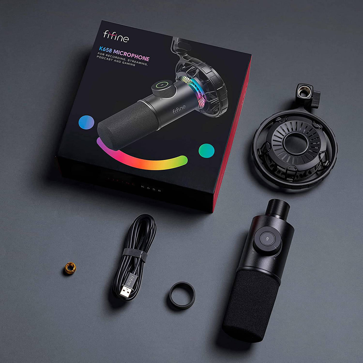 FIFINE RGB Micrófono USB para juegos, dinámico para PC, con botón Tap-to-Mute, micrófono cardioide Plug & Play con conector para auriculares para transmisión, podcast, Twitch, YouTube, Discord- K658