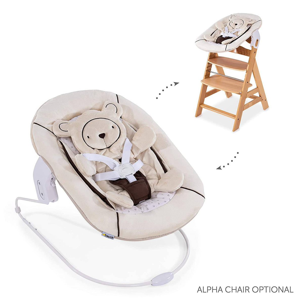 Hauck Alpha Bouncer 2 en 1 Set para recién nacido, Cozy Baby Rocker from Birth, Compatible con Hauck Wooden Grow-Along High Chair Alpha+, Seat Minimizer, Hearts Beige - DIGVICE MX