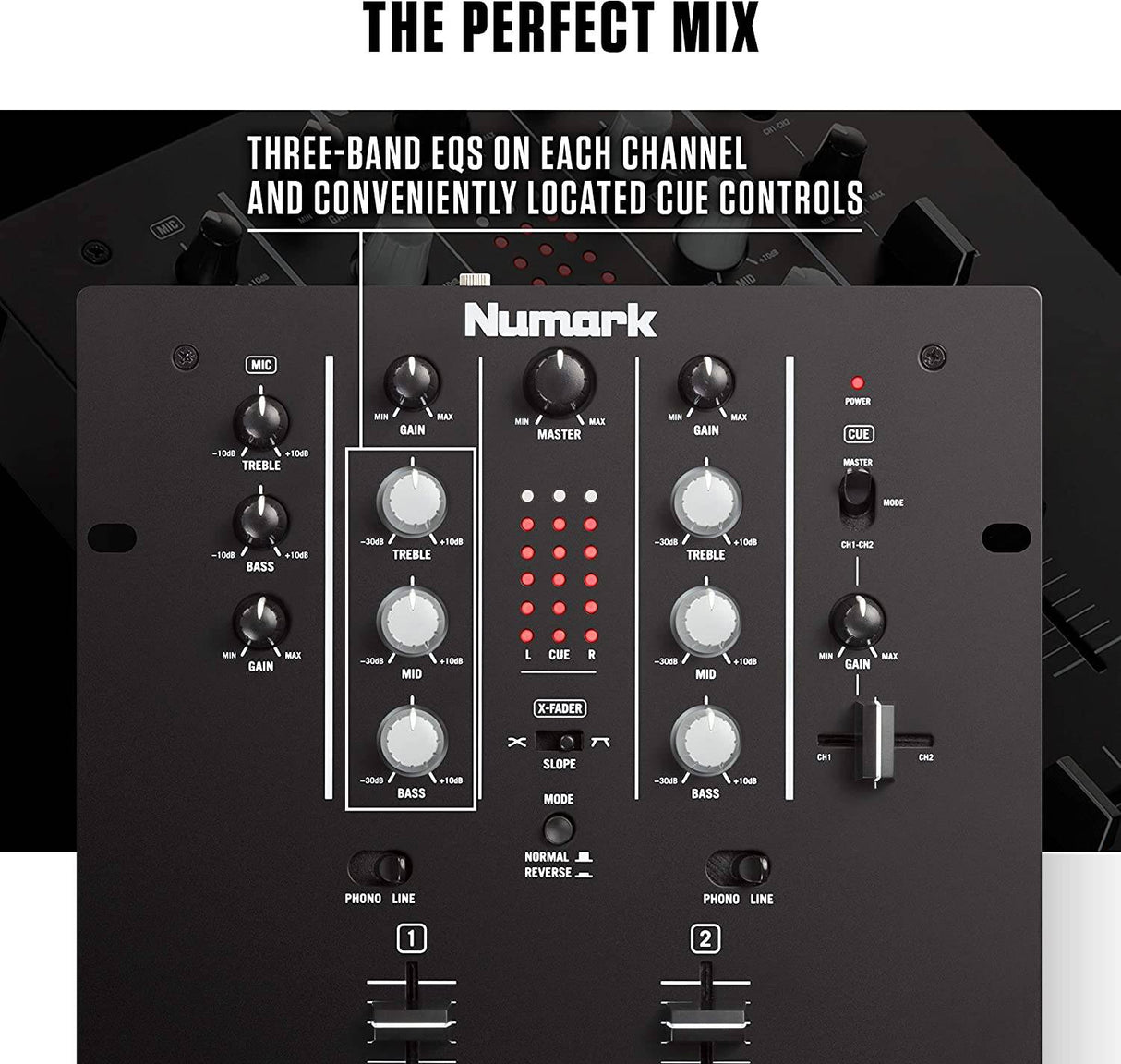 Numark M2 - Mezclador Scratch DJ de 2 canales, montaje en rack con ecualizador de 3 bandas, entrada de micrófono y crossfader reemplazable con controles de inversión y pendiente