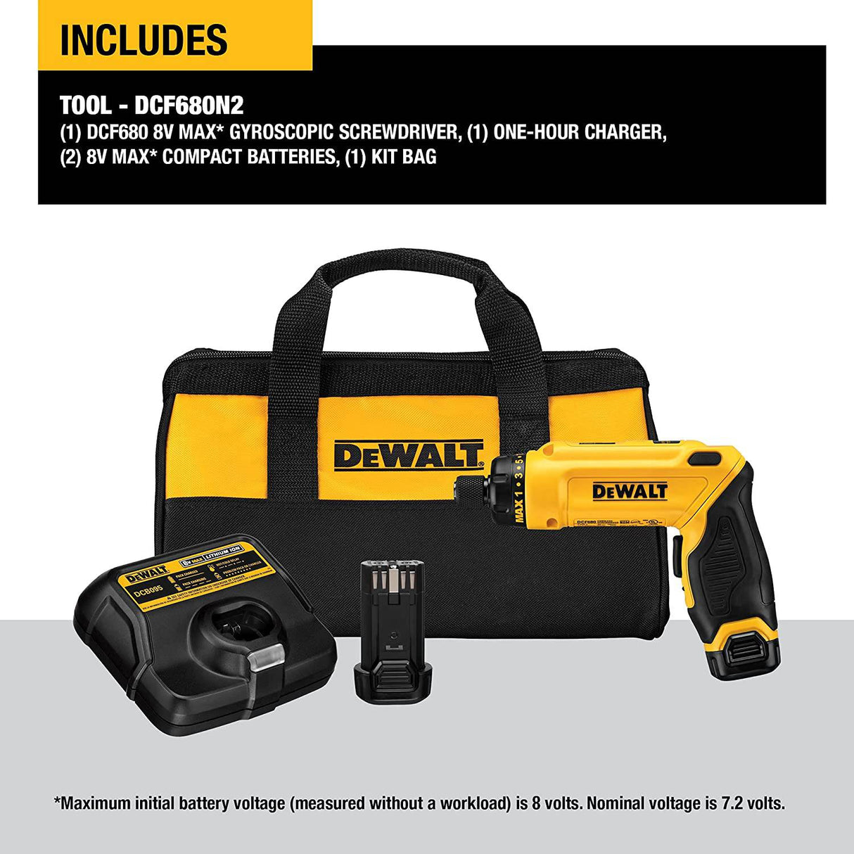 Kit de destornillador inalámbrico DEWALT 8V MAX, giroscópico, 2 baterías, eléctrico (DCF680N2) - DIGVICE MX