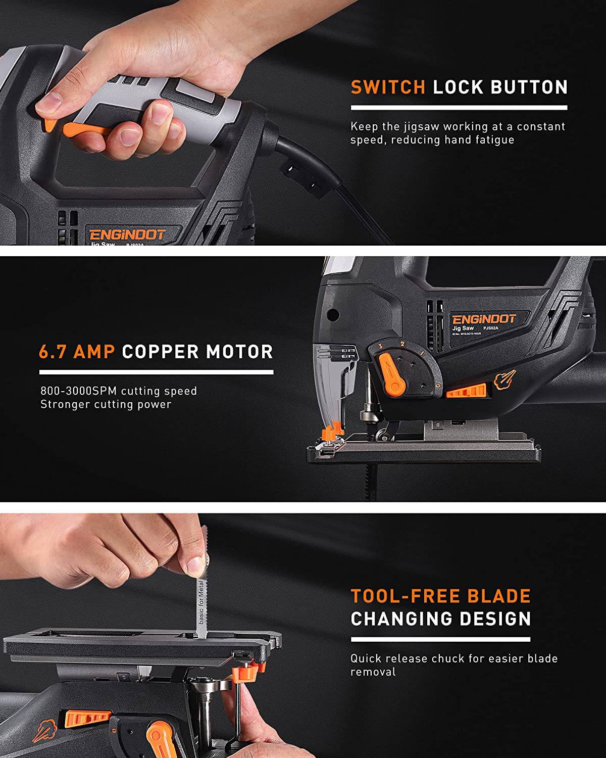 Sierra caladora ENGiNDOT de 6,7 amperios, 6 velocidades variables (800-3000 SPM) de 800 W con láser y LED, 4 juegos orbitales, 6 cuchillas, corte biselado de 45°, regla de escala, soplado de polvo para corte de madera, metal y plástico - DIGVICE MX