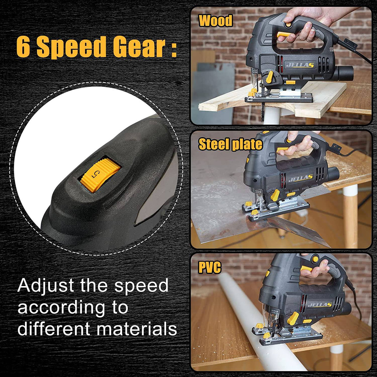 Jellas Sierra Caladora eléctrica de 6,7 amperios con luz LED, 10 hojas, sierra caladora de 800-3000 SPM, 6 velocidades variables, corte biselado de 0°-45°, 4 juegos orbitales, cable de CA de 3M - DIGVICE MX