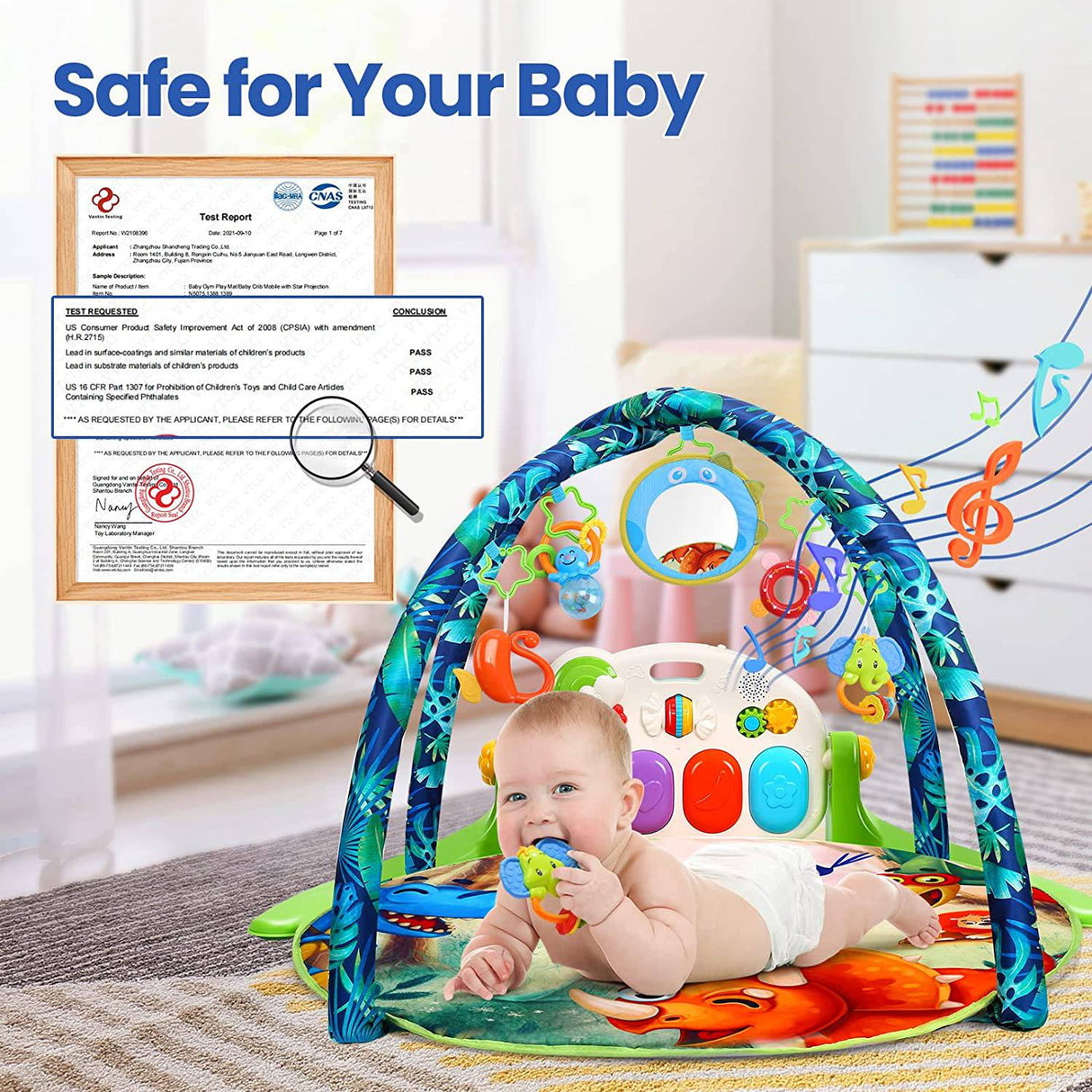 HOLYFUN Baby Gym Play Mat, Kick and Play Piano Gym con 5 juguetes sensoriales para morder, multifuncional Tummy Time Round Playmats, Centro de actividades musicales Regalo de desarrollo temprano para recién nacidos y niños pequeños - DIGVICE MX