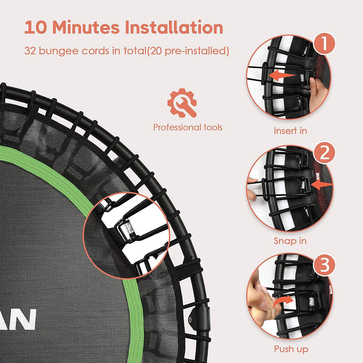 BCAN 300LBS/450LBS Mini trampolín plegable, 38" Fitness Trampoline con almohadilla de seguridad/cuerdas elásticas, rebote de ejercicio estable y silencioso para niños adultos entrenamiento en interior/jardín