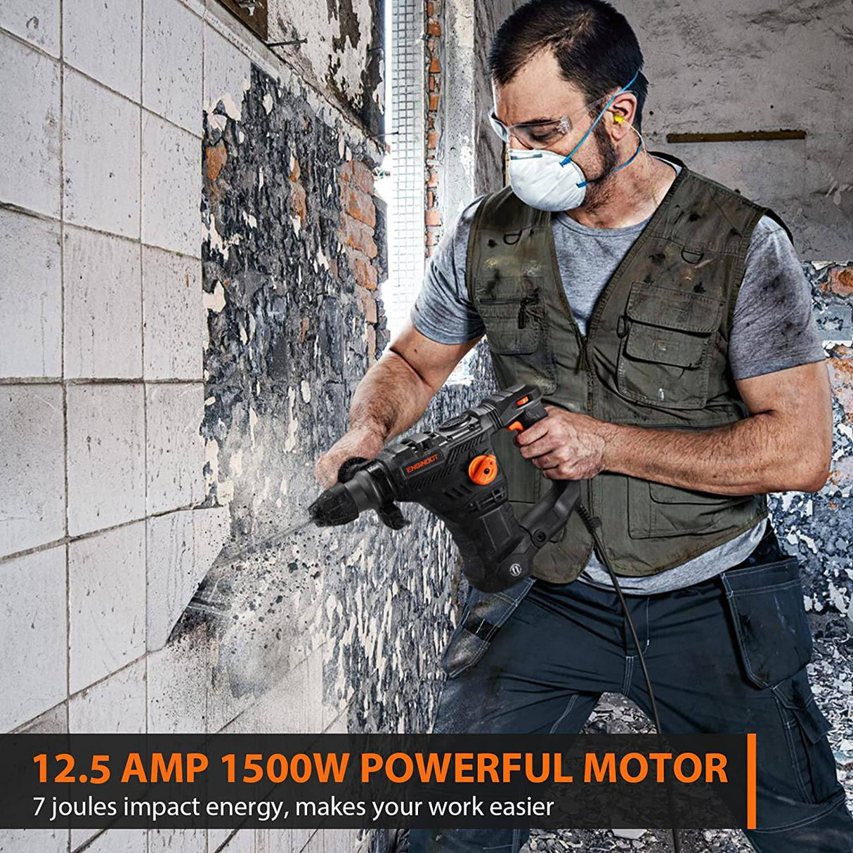 ENGiNDOT Taladro percutor rotatorio de 12,5 amperios, 1-1/4 pulgadas SDS-Plus 4 en 1 Taladro percutor multifuncional de servicio pesado, embrague de seguridad, portabrocas, - DIGVICE MX