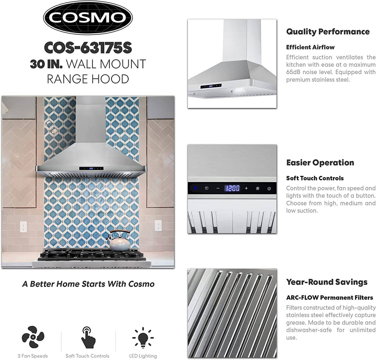 COSMO 63175S Campana de montaje en pared de 30 pulgadas con conductos convertibles sin conductos (no incluye kit), ventilación de estufa estilo chimenea de techo, luz LED, filtro permanente, ventilador de 3 velocidades en acero inoxidable - DIGVICE MX
