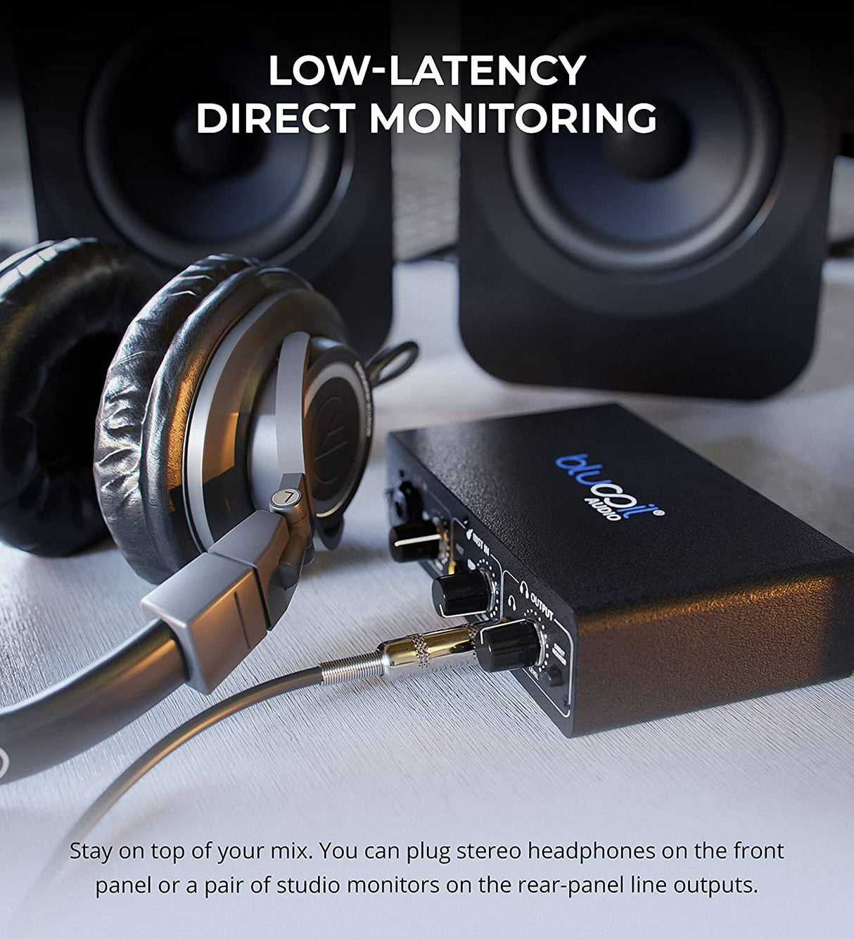 Blucoil - Interfaz de audio USB portátil con alimentación fantasma de 48 V, alimentación de bus USB, monitoreo directo de baja latencia para grabación de estudio en casa, transmisión, juegos y podcasting en Windows y Mac