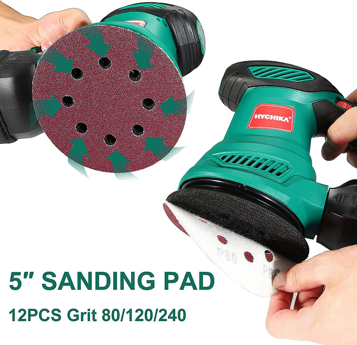 Lijadora orbital aleatoria de 2,5 amperios, lijadora orbital eléctrica HYCHIKA de 5 pulgadas con 6 velocidades diferentes, lijadora eléctrica de 13000 RPM con 12 papeles de lija, 1 bolsa para el polvo, apta para carpintería/lijado - DIGVICE MX