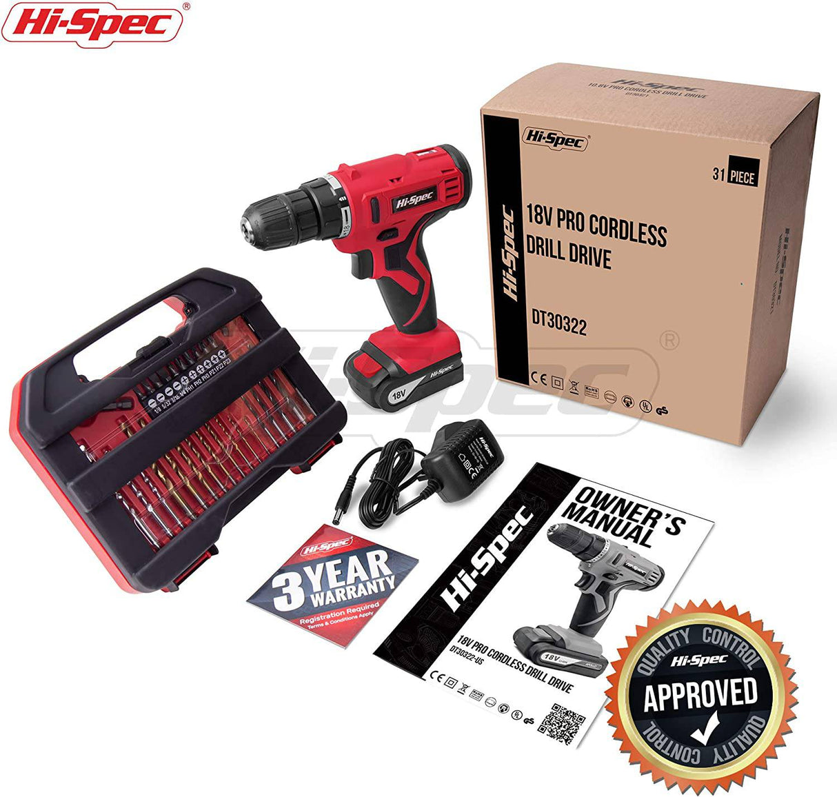 Taladro eléctrico inalámbrico Hi-Spec de 31 piezas de 18 V con batería de 1500 mAh. Atornillador eléctrico recargable y taladrado en madera, plástico, metal y mampostería. Incluye juego de accesorios de brocas múltiples. - DIGVICE MX