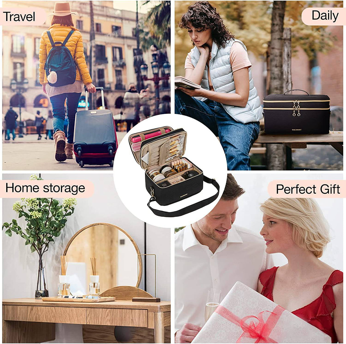 BAGSMART - Bolsa de maquillaje mediana, Organizador de bolsas de maquillaje grande de doble capa cosmética