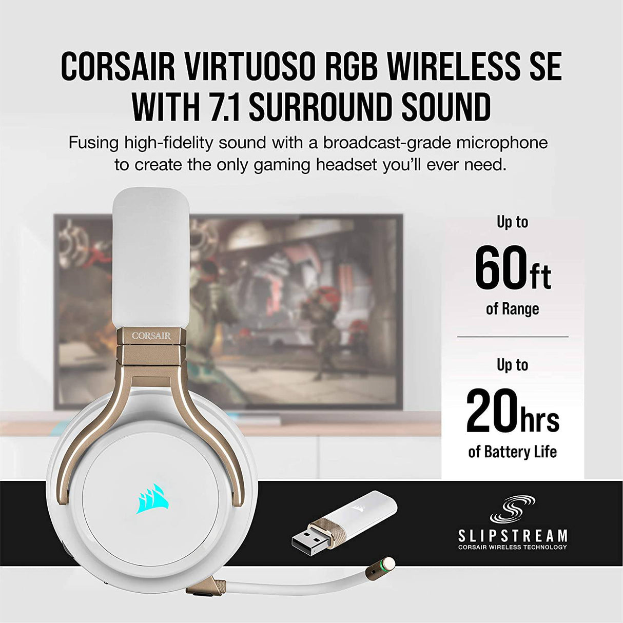 Corsair Virtuoso RGB Auriculares inalámbricos para juegos - Sonido envolvente 7.1 de alta fidelidad con micrófono de calidad de transmisión - Auriculares de espuma viscoelástica - 20 horas de duración de la batería - PC, PS5, PS4 - Perla
