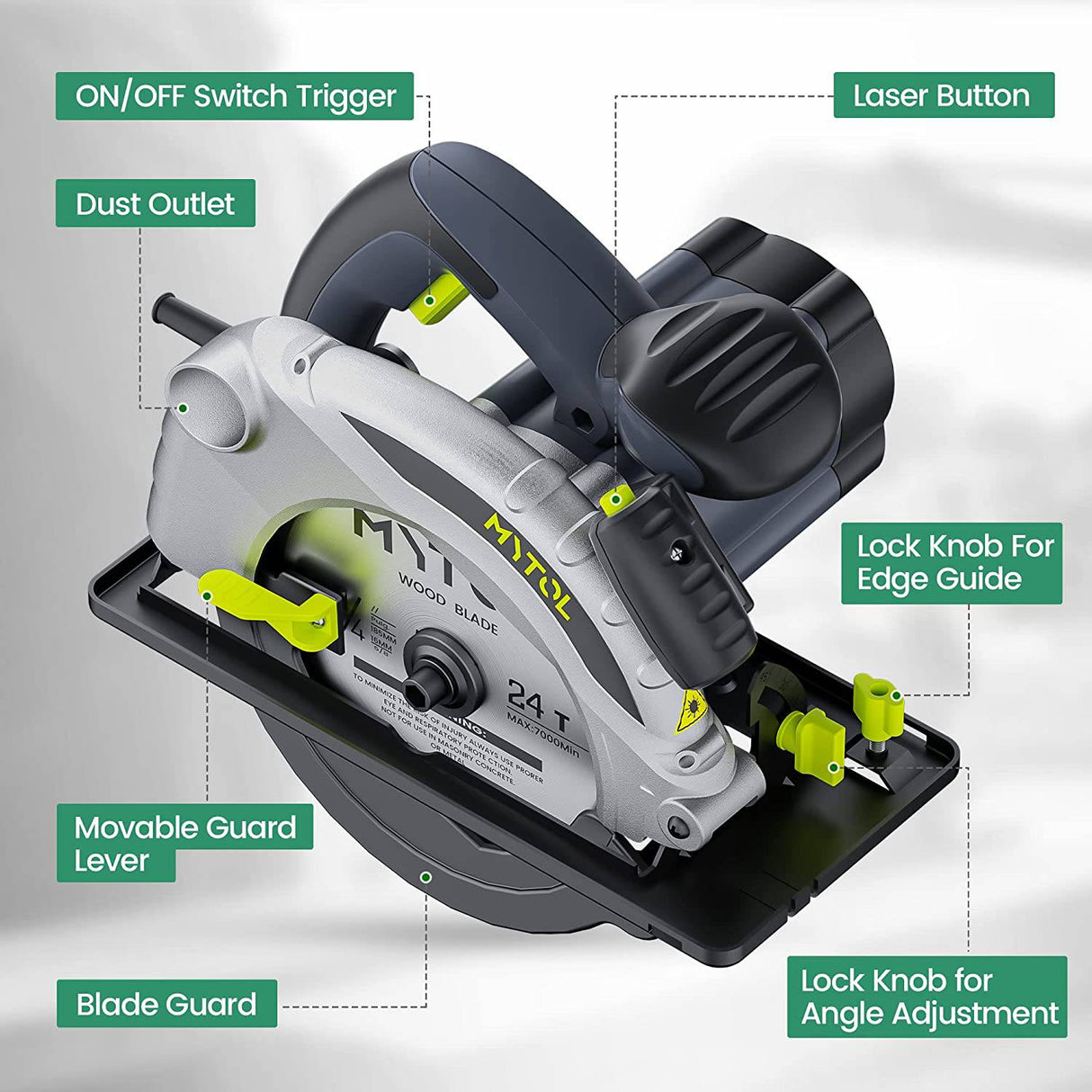 Sierra circular MYTOL con cable de 11 amperios, sierras circulares de 4500 RPM de potencia con hoja de 7-1/4", profundidad de corte ajustable (2-7/16" (90°), 1-13/16" (0°-45°), Guía de corte láser integrada, ideal para cortar madera. - DIGVICE MX
