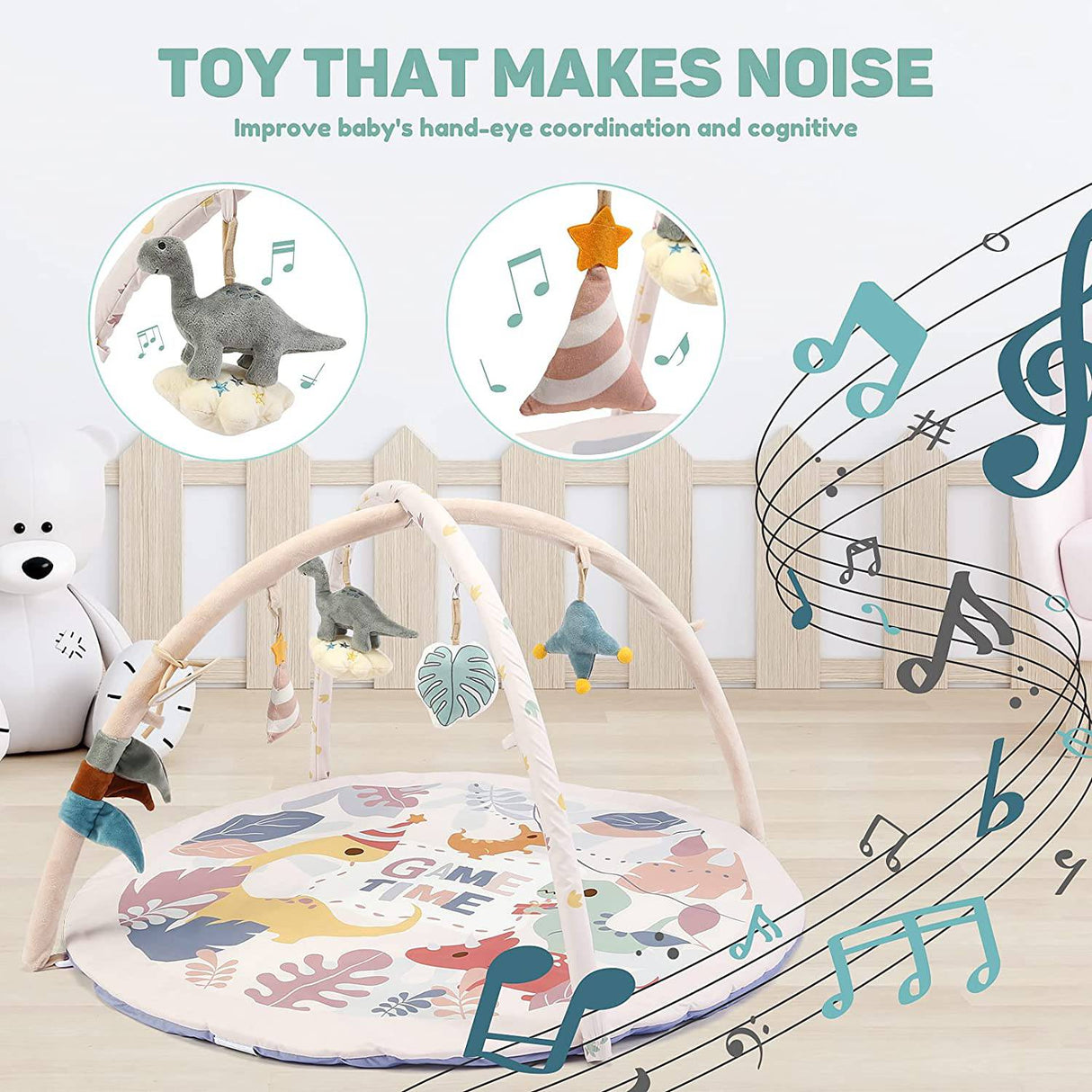 TCBunny Baby Gym Play Mat Diseño de dinosaurio para recién nacido, visual, auditivo, táctil, desarrollo cognitivo temprano Playmat Activity Center, 5 juguetes para niños pequeños - DIGVICE MX