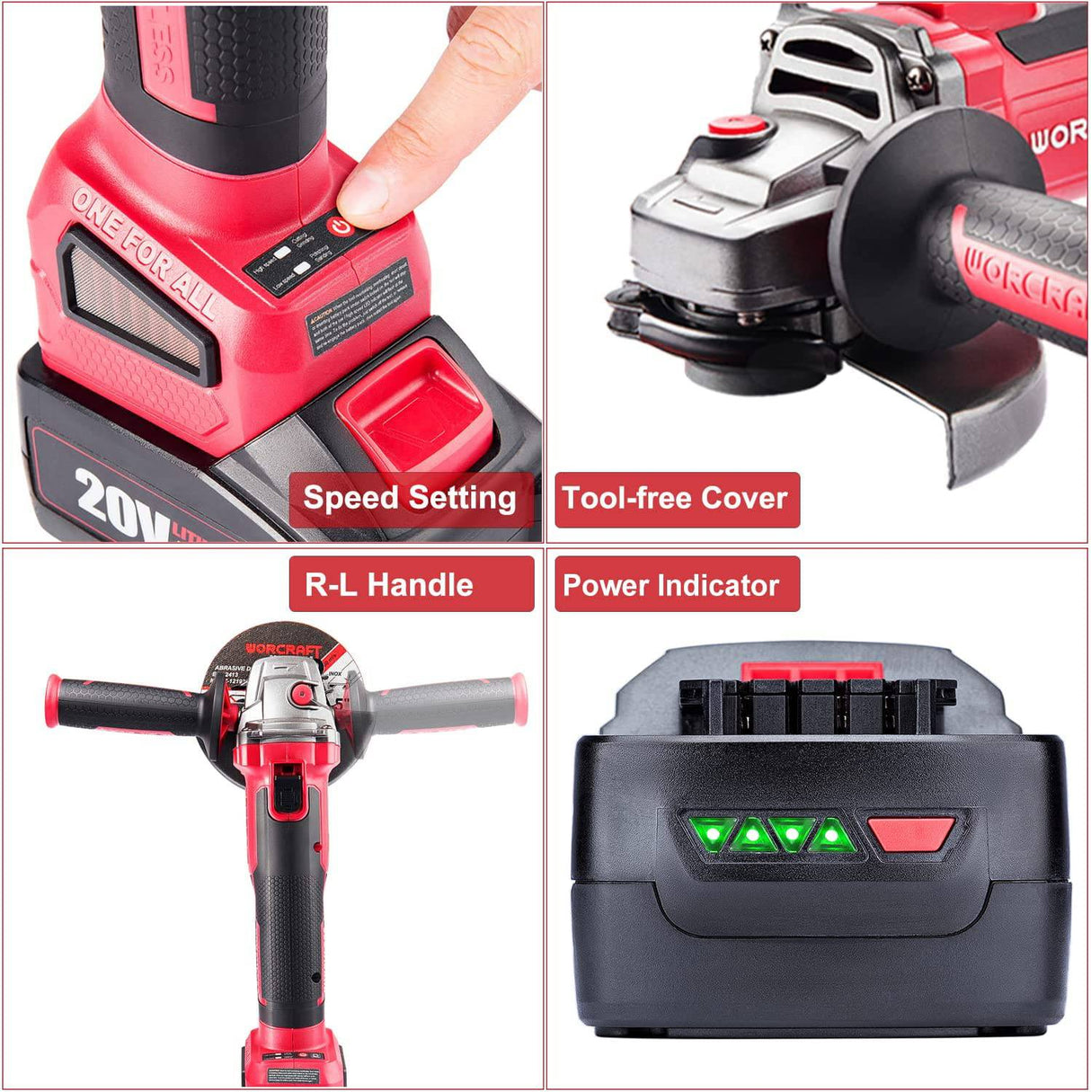 WORCRAFT Amoladora angular inalámbrica, motor sin escobillas, disco de 4-1/2", dos velocidades, batería de iones de litio de 20 V 4,0 Ah, viene con caja de herramientas, cargador y 4 discos - DIGVICE MX