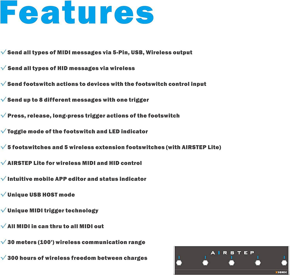XSONIC Airstep Smart Multi Controller con MIDI, HID, 5 footswitch, 2 Expression Pedal In, 300H Playtime, Support HX Stomp, Quad Cortex, DAW, Plugin, Youtube Video, Page, Atem, Hands Free Controller
