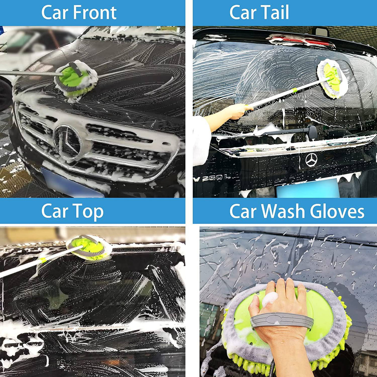 GIANT BEAR Juego de cepillo para lavar autos con mango largo, manopla de chenilla de microfibra de 42.9 "que no daña la pintura, herramienta de limpieza de aleación de aluminio sin rasguños