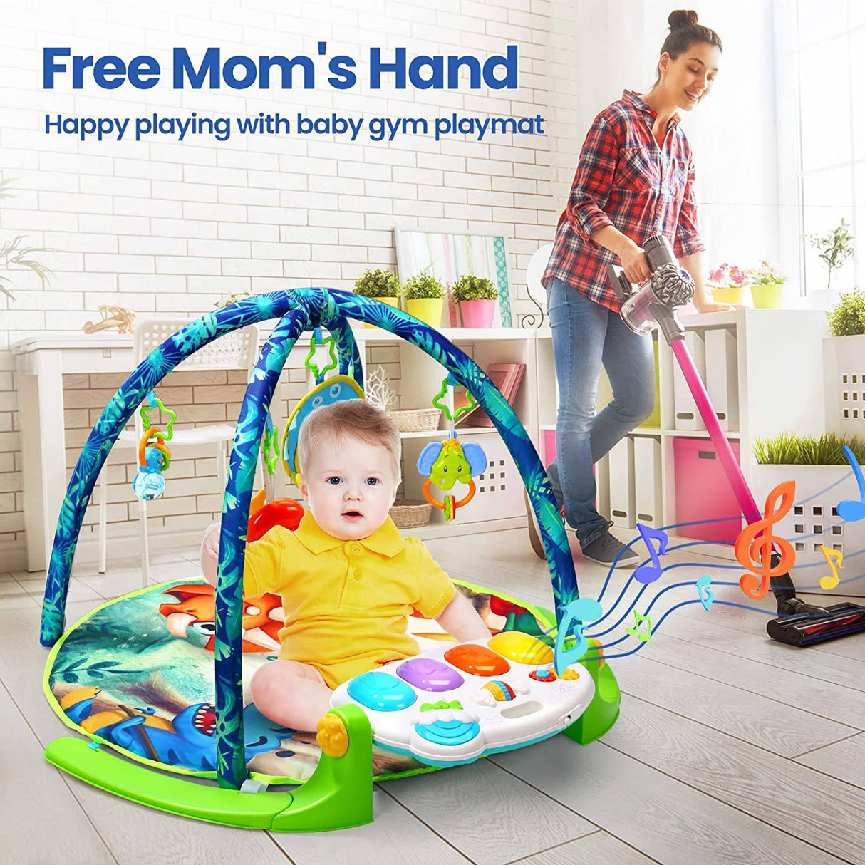 HOLYFUN Baby Gym Play Mat, Kick and Play Piano Gym con 5 juguetes sensoriales para morder, multifuncional Tummy Time Round Playmats, Centro de actividades musicales Regalo de desarrollo temprano para recién nacidos y niños pequeños - DIGVICE MX